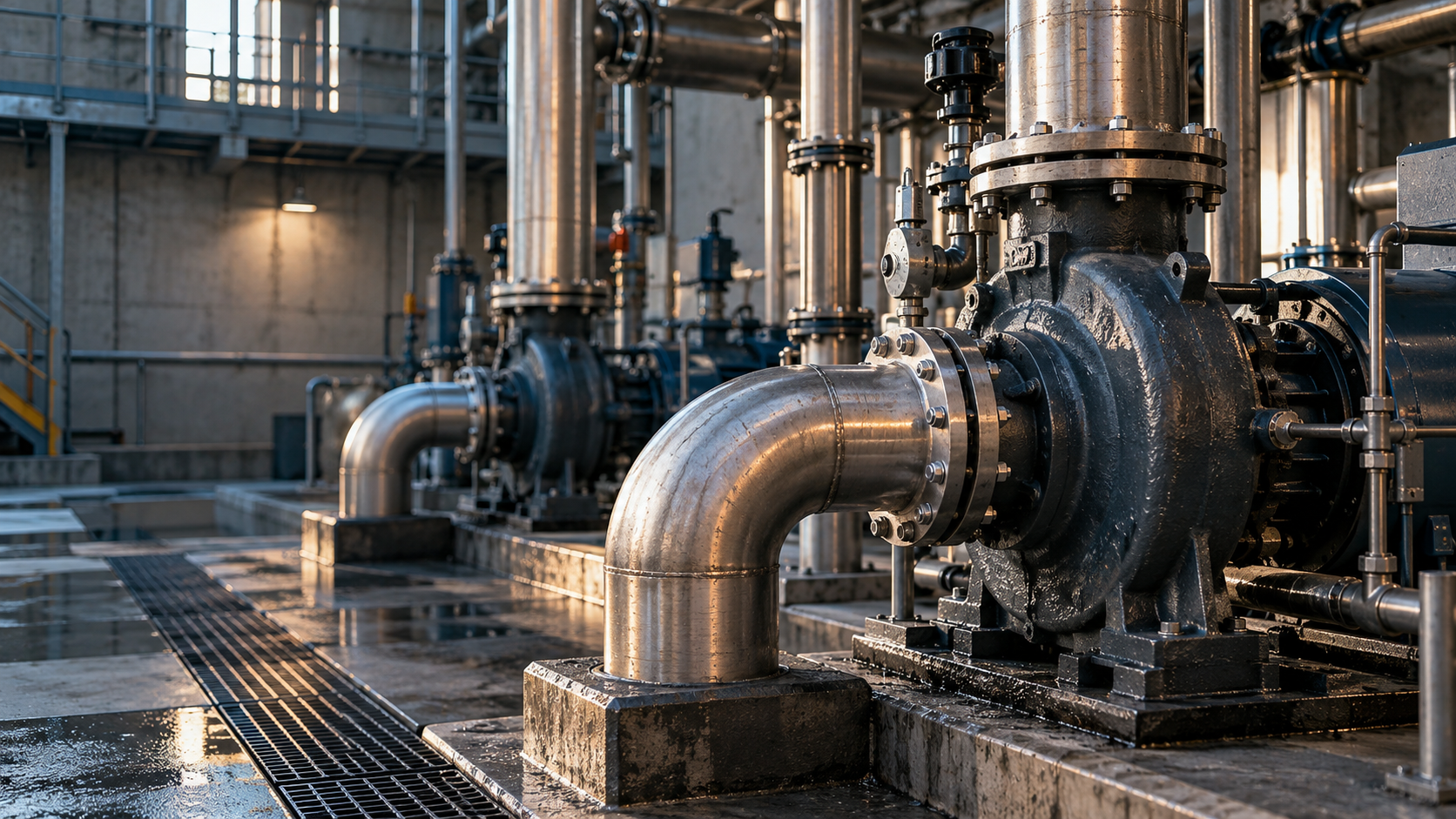 Industrial pump and steel pipework with natural light and copper reflections